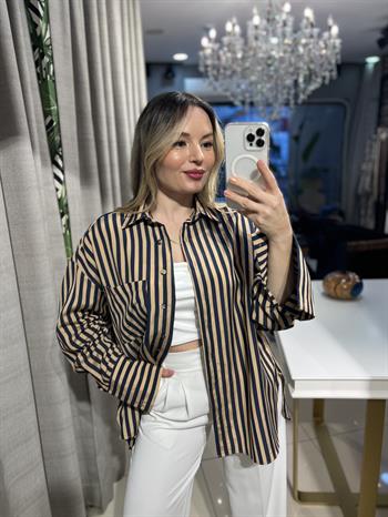 Lacivert-Camel Çizgili Keten Gömlek