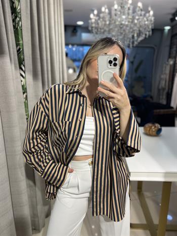 Lacivert-Camel Çizgili Keten Gömlek