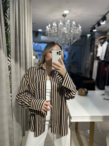 Lacivert-Camel Çizgili Keten Gömlek