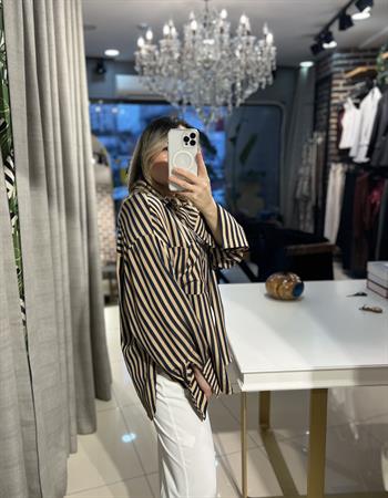 Lacivert-Camel Çizgili Keten Gömlek