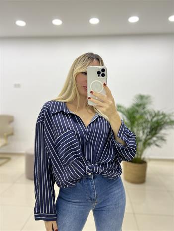 Lacivert Çizgili Oversize Gömlek