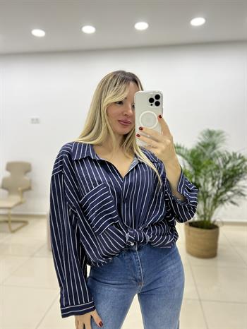 Lacivert Çizgili Oversize Gömlek