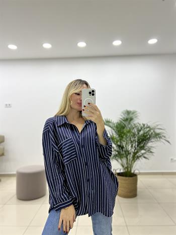 Lacivert Çizgili Oversize Gömlek
