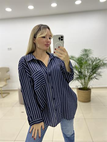 Lacivert Çizgili Oversize Gömlek