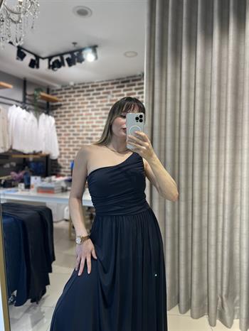 Lacivert Tek Omuz Maksi Boy Örme Elbise