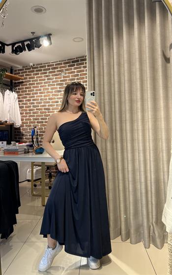 Lacivert Tek Omuz Maksi Boy Örme Elbise