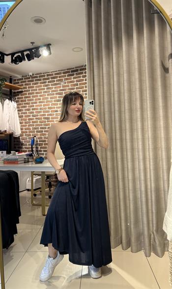 Lacivert Tek Omuz Maksi Boy Örme Elbise