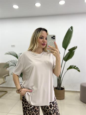 Lazer Kesim Modal Kumaş Bej Tişört 