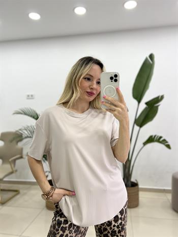 Lazer Kesim Modal Kumaş Bej Tişört 