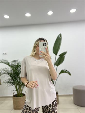 Lazer Kesim Modal Kumaş Bej Tişört 