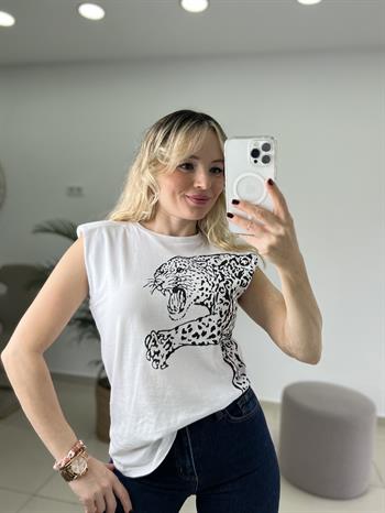 Leopar Baskılı Omuz Vatkalı Beyaz Tişört 