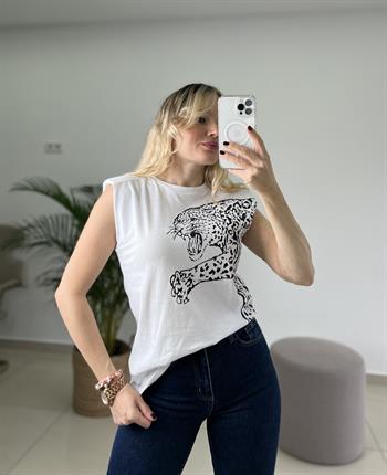 Leopar Baskılı Omuz Vatkalı Beyaz Tişört 