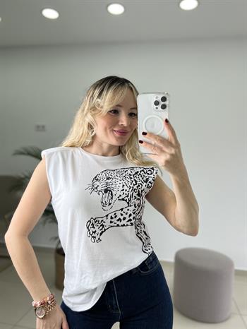 Leopar Baskılı Omuz Vatkalı Beyaz Tişört 