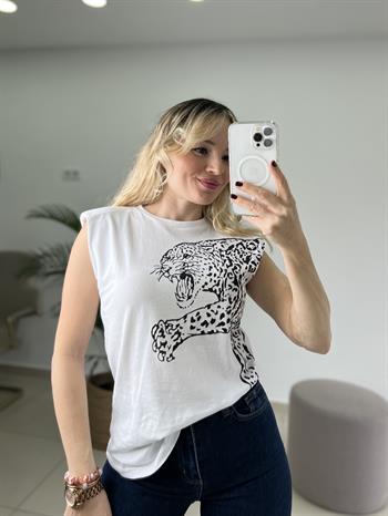 Leopar Baskılı Omuz Vatkalı Beyaz Tişört 