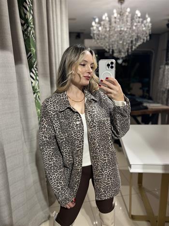 Leopar Desen Oversize Denim Gömlek