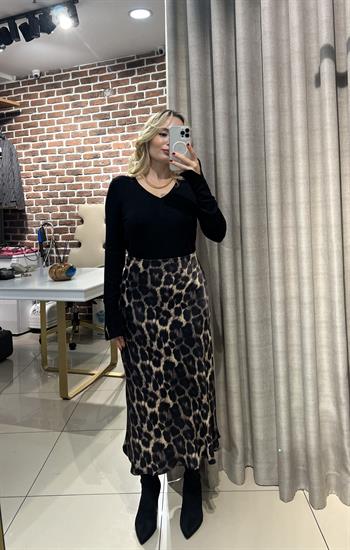 Leopar Desen Saten Midi Etek