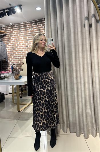 Leopar Desen Saten Midi Etek