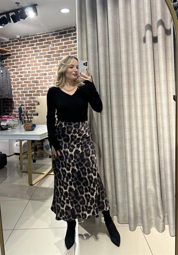 Leopar Desen Saten Midi Etek