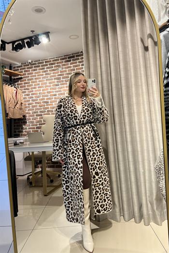 Leopar Desen Uzun Triko Hırka