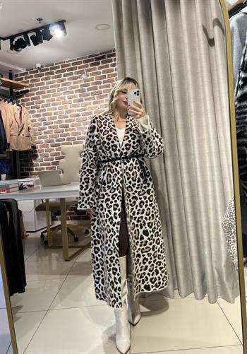 Leopar Desen Uzun Triko Hırka