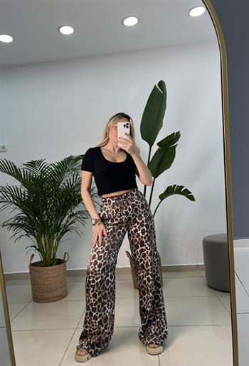 Leopar Desenli Parlak Tok Dokulu Kumaş Pantolon