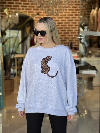 Leopar Figürlü Gri Sweatshirt