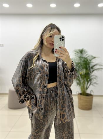 Leopar Parlak Oversize Gömlek