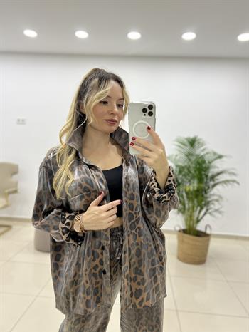 Leopar Parlak Oversize Gömlek