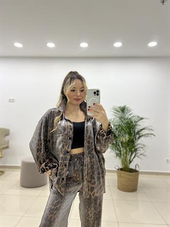 Leopar Parlak Oversize Gömlek