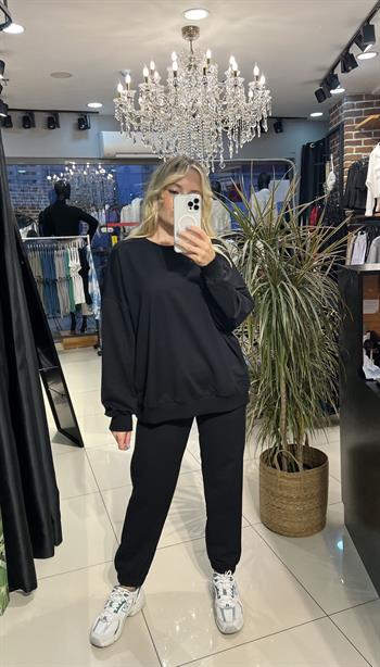 Likralı Güçlü Dokuda Siyah Eşofman Takımı