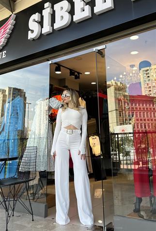  Kemer Aksesuarlı Full Likralı Beyaz Palazzo Pantolon