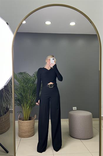  Kemer Aksesuarlı Full Likralı Siyah Palazzo Pantolon