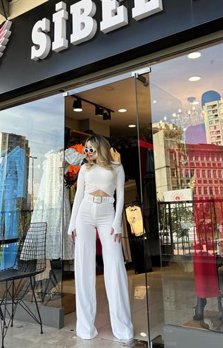  Kemer Aksesuarlı Full Likralı Beyaz Palazzo Pantolon