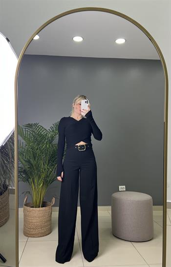  Kemer Aksesuarlı Full Likralı Siyah Palazzo Pantolon