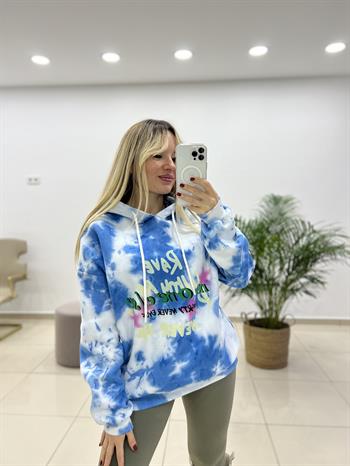 Mavi Batik Desenli Kapüşonlu Sweatshırt 