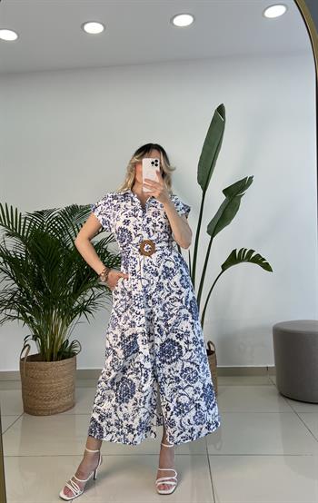 Mavi Beyaz Desenli Fisto Elbise