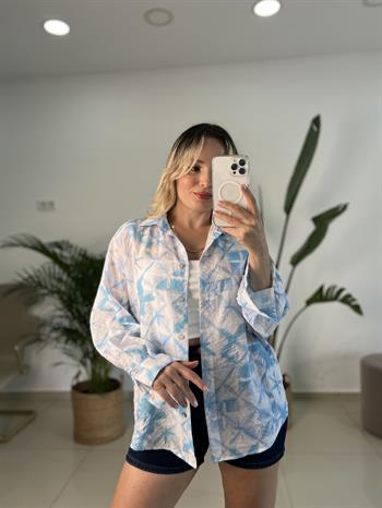 Turkuaz Mavi Serpme Desen Gömlek