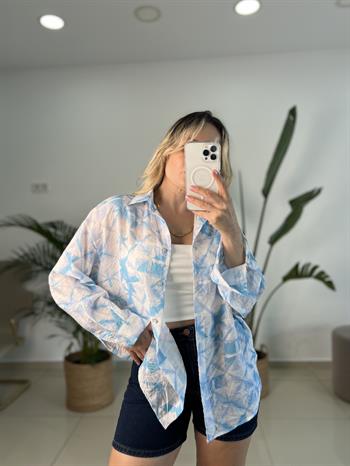 Turkuaz Mavi Serpme Desen Gömlek