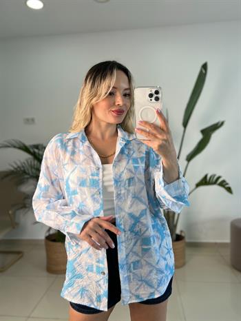 Turkuaz Mavi Serpme Desen Gömlek