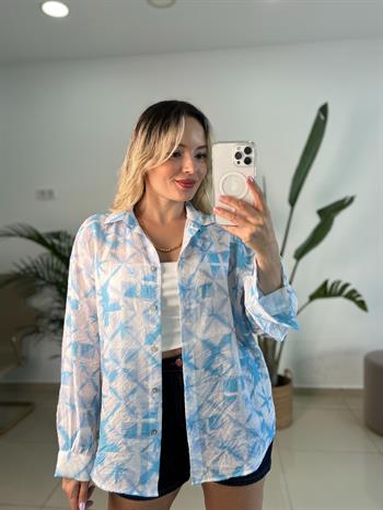 Turkuaz Mavi Serpme Desen Gömlek