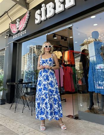 Mavi Desenli Keten Askılı Elbise 