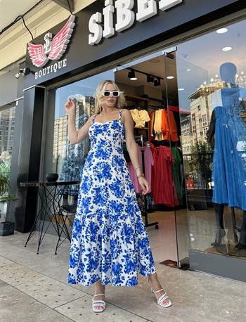 Mavi Desenli Keten Askılı Elbise 