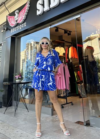 Mavi Desenli Şortlu Tulum