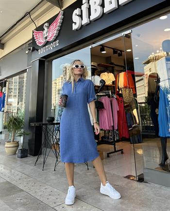 Mavi Keten Basıc Elbise