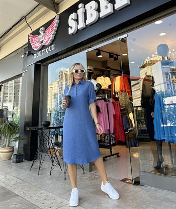 Mavi Keten Basıc Elbise