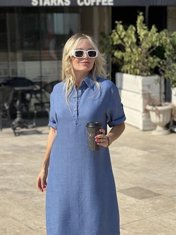 Mavi Keten Basıc Elbise