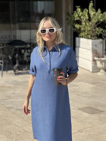 Mavi Keten Basıc Elbise