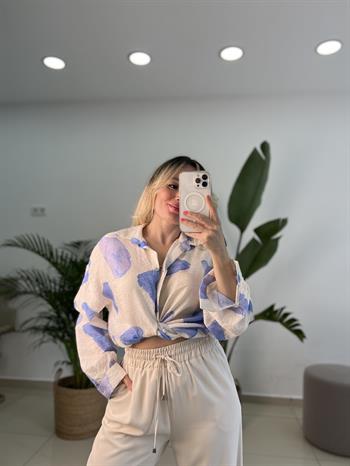 Mavi Serpme Desen Krinkıl Keten Gömlek 