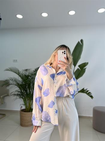 Mavi Serpme Desen Krinkıl Keten Gömlek 