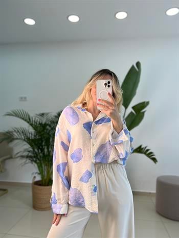 Mavi Serpme Desen Krinkıl Keten Gömlek 